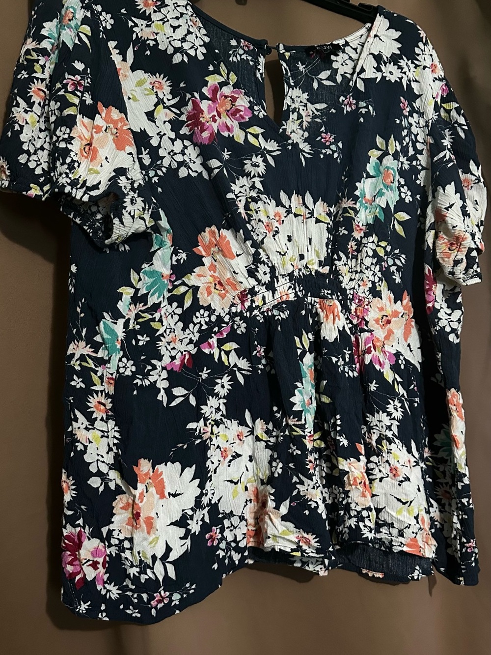 AUW Navy Floral Peplum Tunic with Multicolor Blooms